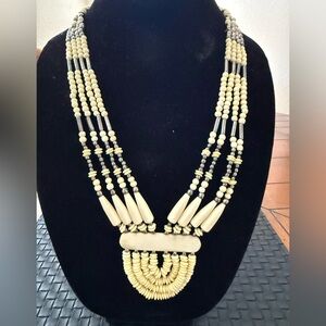 Statement Silver Tone and Bone Beaded Necklace-14”